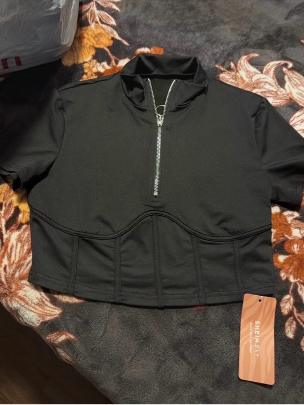 SHEIN Black Short Sleeve Half-Zip Crop Bomber Jacket
